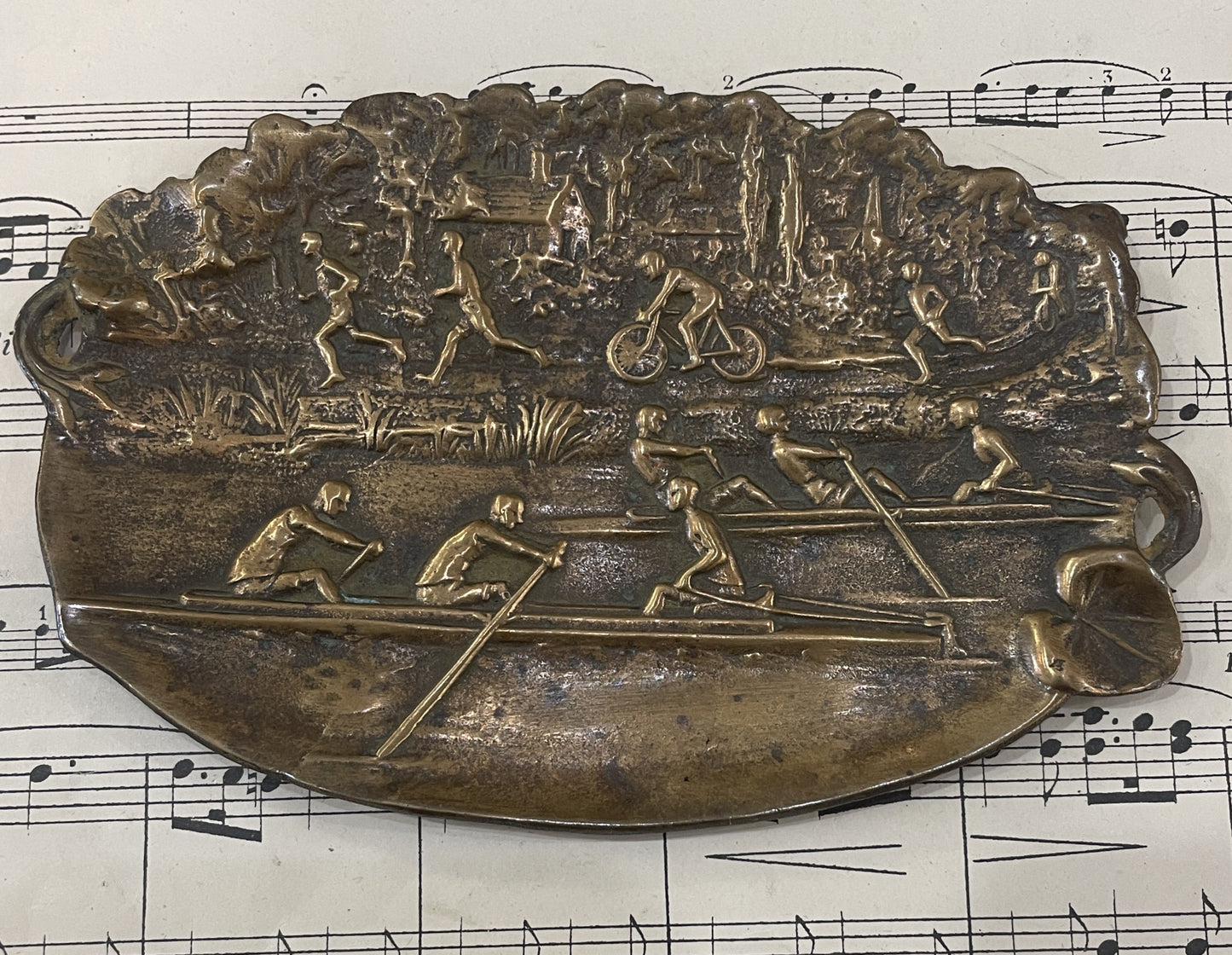 Antique French Art Nouveau Bronze Tray Bicycle Rowing Runners c1920