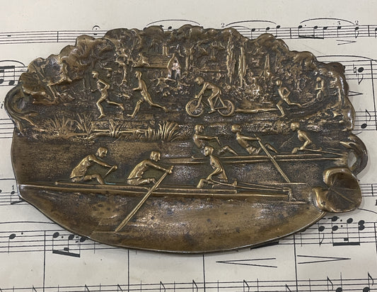 Antique French Art Nouveau Bronze Tray Bicycle Rowing Runners c1920