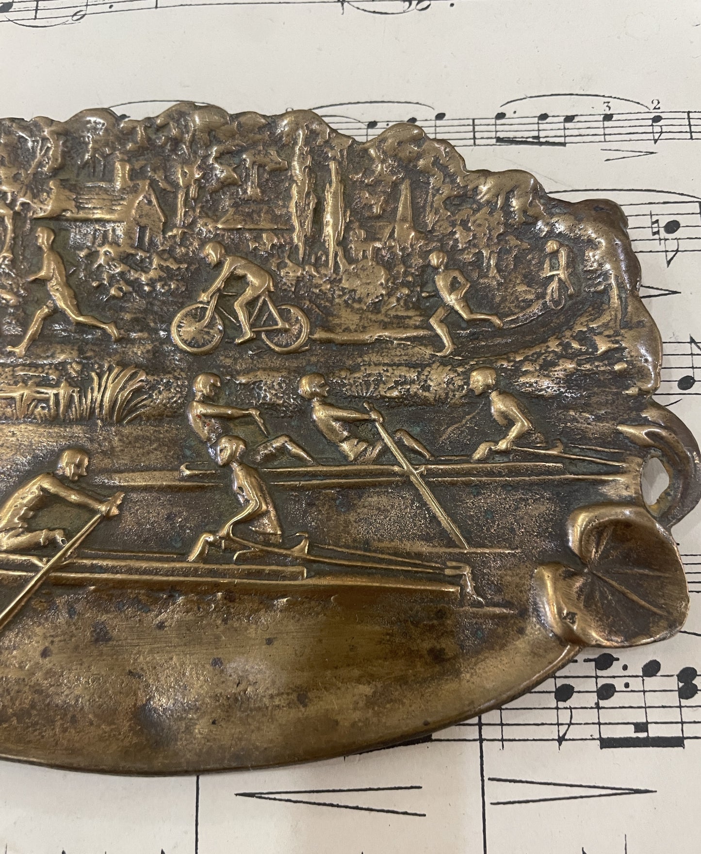 Antique French Art Nouveau Bronze Tray Bicycle Rowing Runners c1920