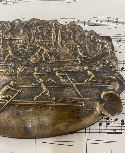 Antique French Art Nouveau Bronze Tray Bicycle Rowing Runners c1920