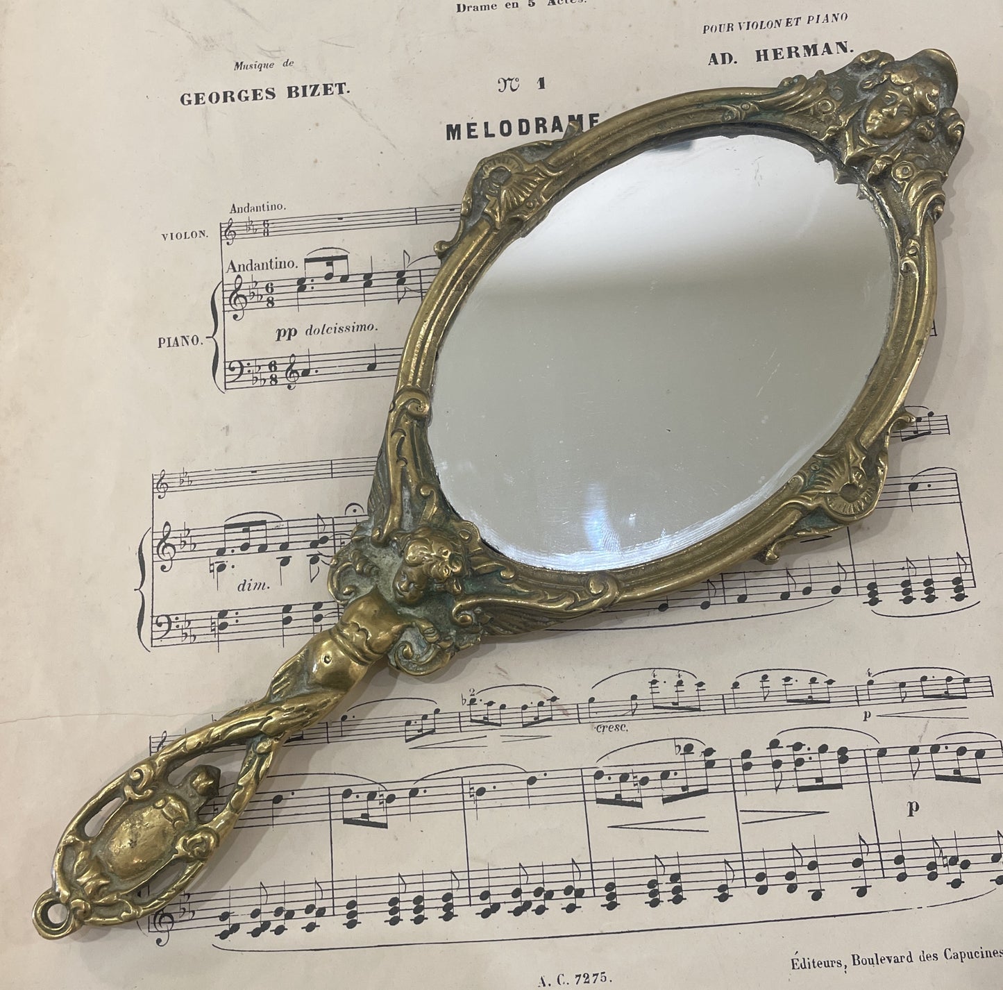 Antique French Art Nouveau Bronze Hand Mirror Angel c1880