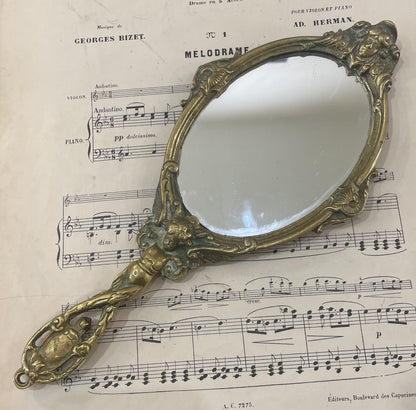 Antique French Art Nouveau Bronze Hand Mirror Angel c1880