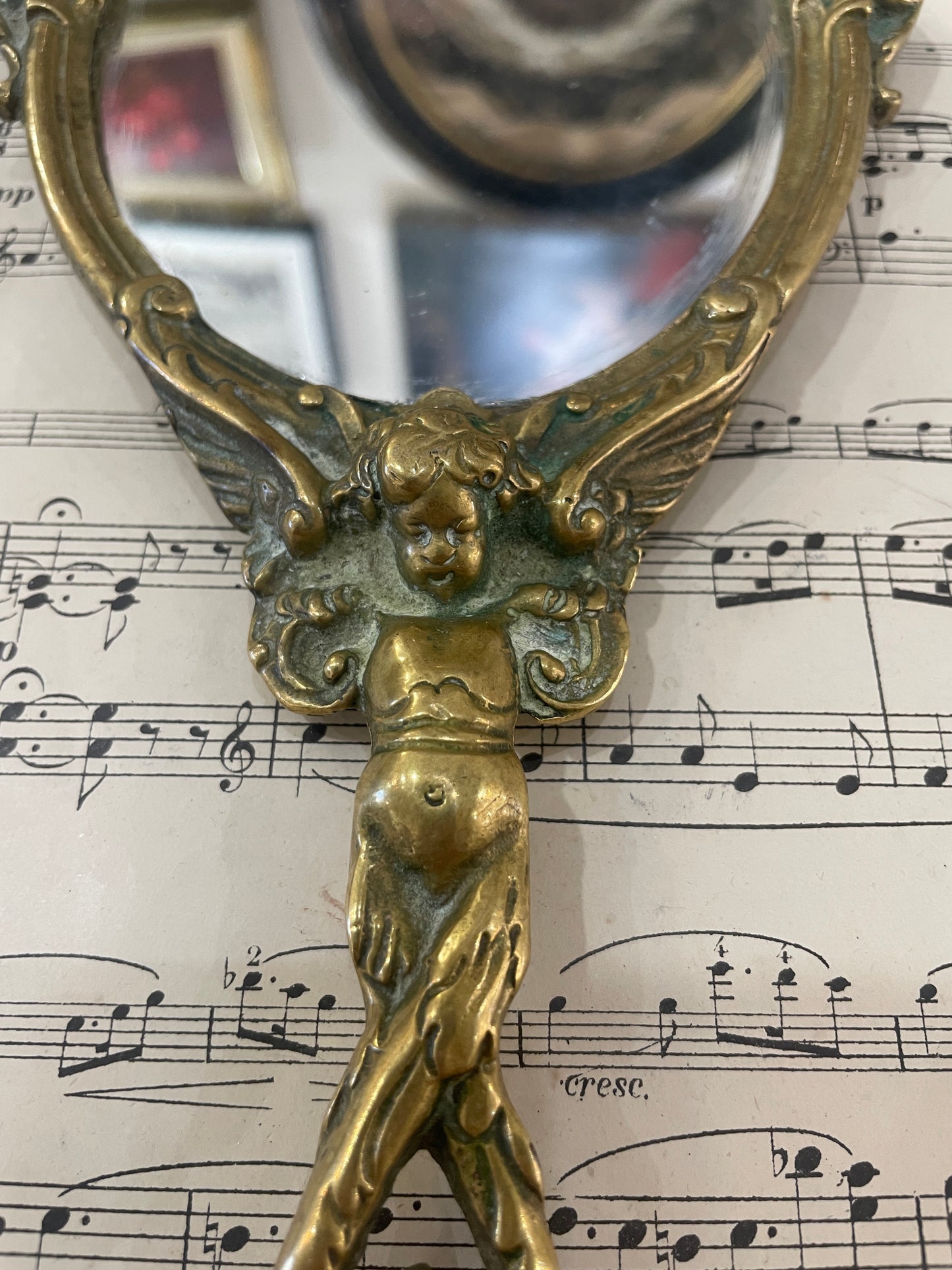 Antique French Art Nouveau Bronze Hand Mirror Angel c1880