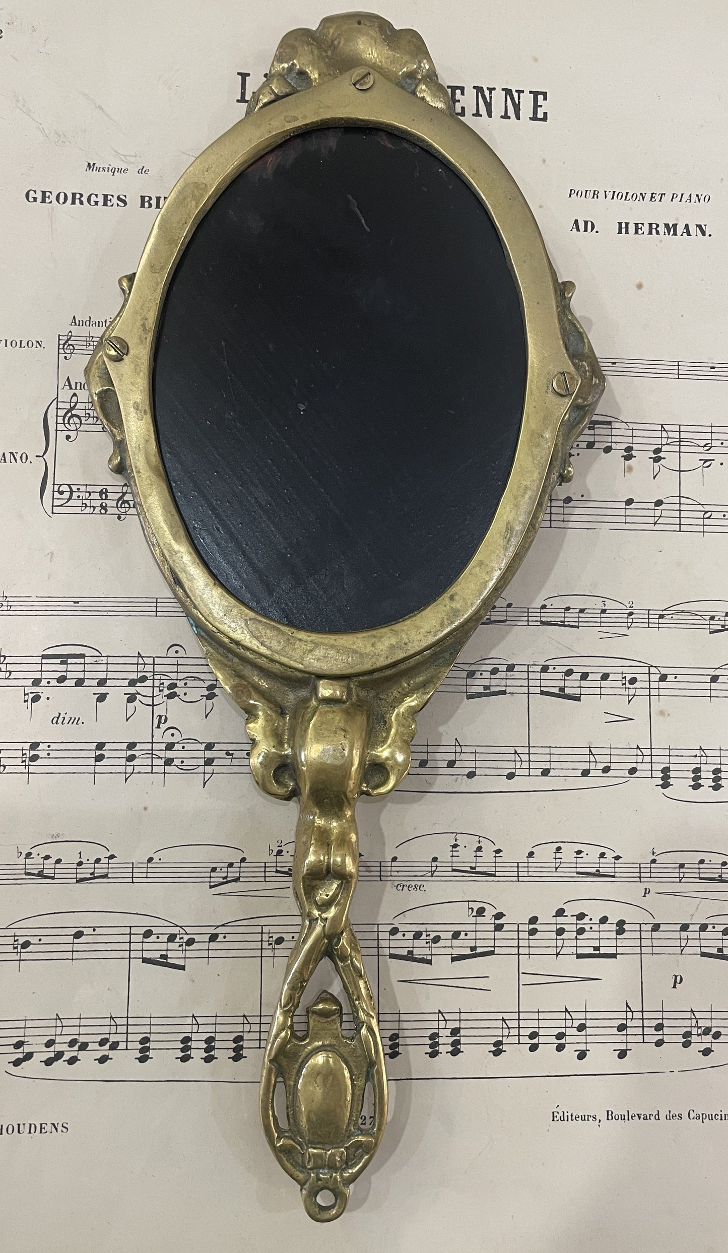 Antique French Art Nouveau Bronze Hand Mirror Angel c1880