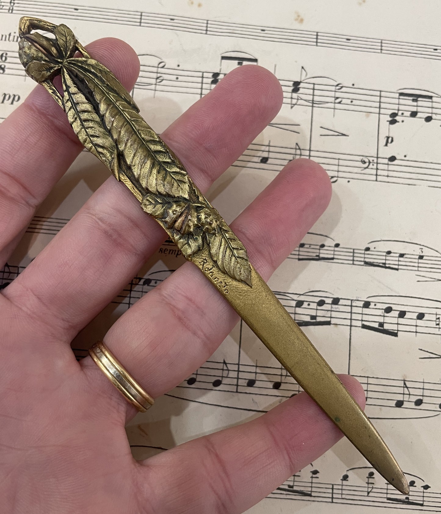 Antique French Bronze Art Nouveau Letter Opener Leaves Horse Chestnut Signed c1880
