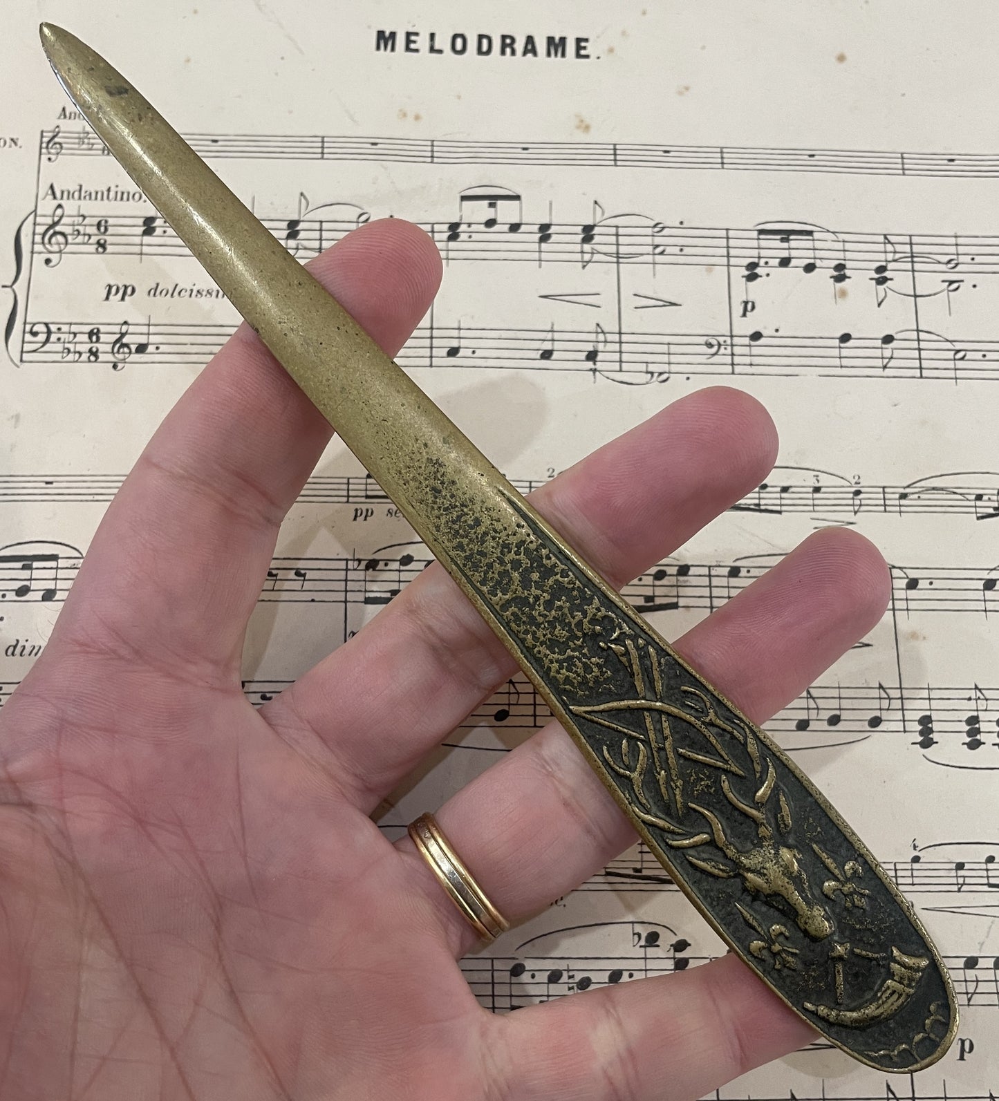 Rare Antique French Max LeVerrier Bronze Letter Opener Hunter Fleur de Lys c1940
