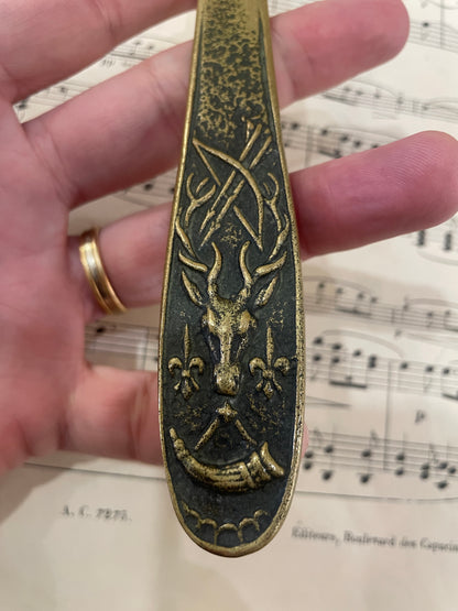 Rare Antique French Max LeVerrier Bronze Letter Opener Hunter Fleur de Lys c1940