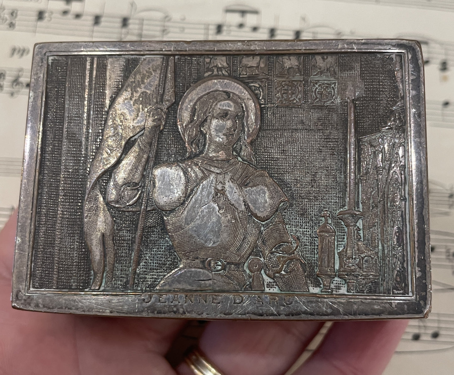 Antique French Joan of Arc Bronze Jewelry Box c1920