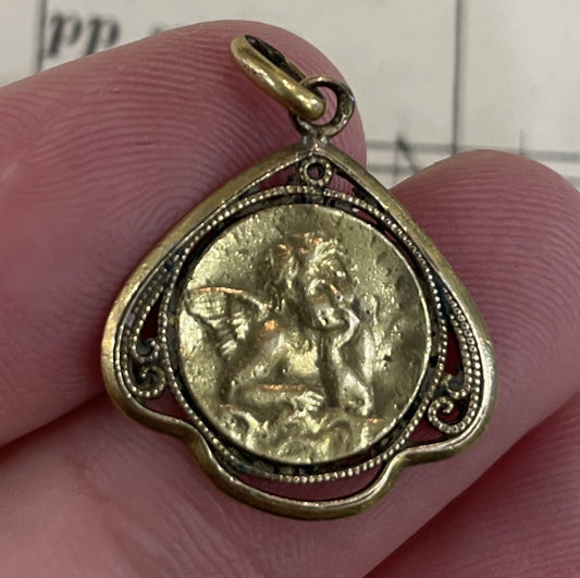 Antique French Gold-Filled First Communion Angel Religious Medal c1927