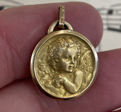 Antique French Gold-Filled First Communion Angel Religious Medal c1930