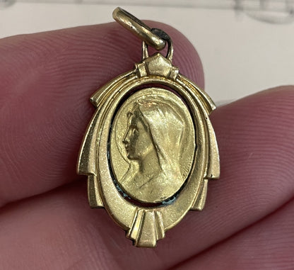 Antique French Art Nouveau Gold-Filled Virgin Mary Religious Medal c1920
