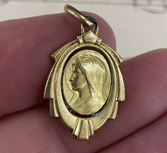Antique French Art Nouveau Gold-Filled Virgin Mary Religious Medal c1920