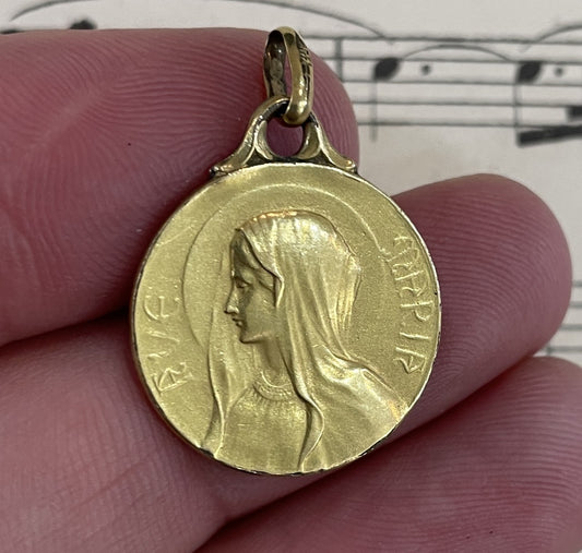 Antique French Art Nouveau Gold-Filled Virgin Mary Religious Medal c1925