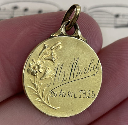 Antique French Art Nouveau Gold-Filled Virgin Mary Religious Medal c1925