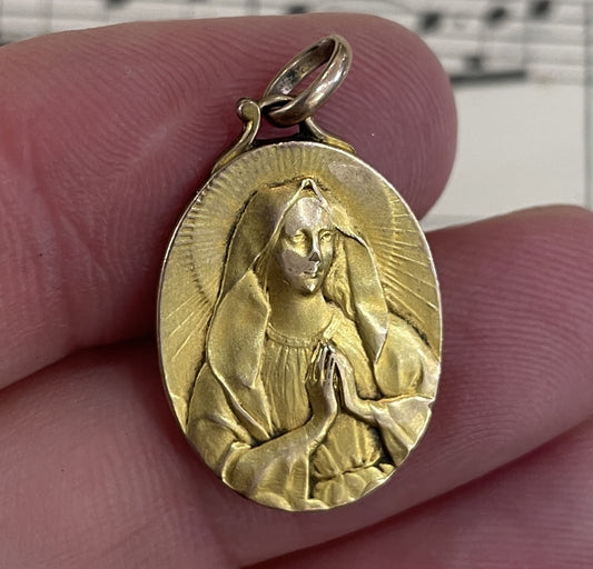 Antique French Art Nouveau Gold-Filled Virgin Mary Religious Medal c1920