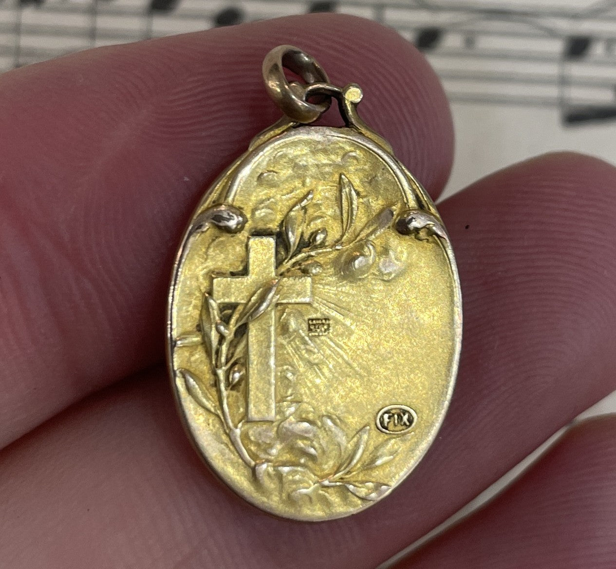 Antique French Art Nouveau Gold-Filled Virgin Mary Religious Medal c1920