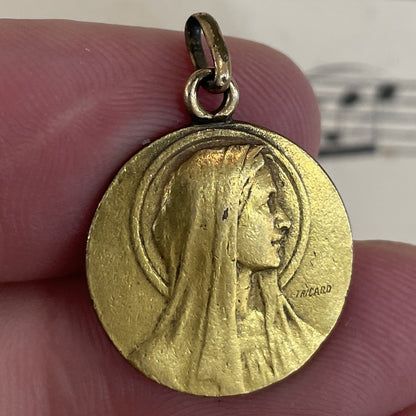 Rare Antique French Art Nouveau Gold-Filled Virgin Mary Medal Signed Tricard c1926