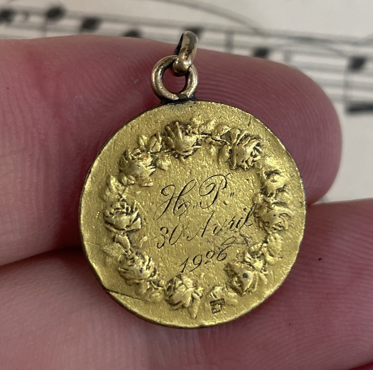 Rare Antique French Art Nouveau Gold-Filled Virgin Mary Medal Signed Tricard c1926