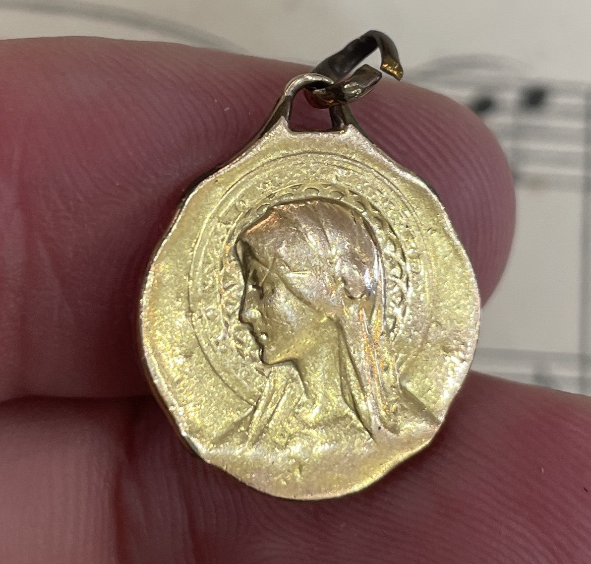 Antique French Art Nouveau Gold-Filled Virgin Mary Religious Medal c1922