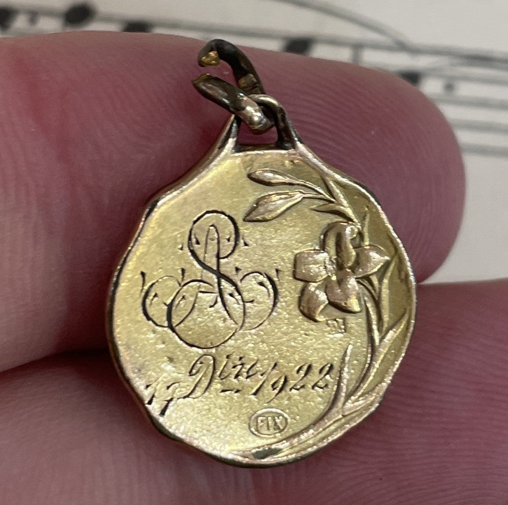 Antique French Art Nouveau Gold-Filled Virgin Mary Religious Medal c1922