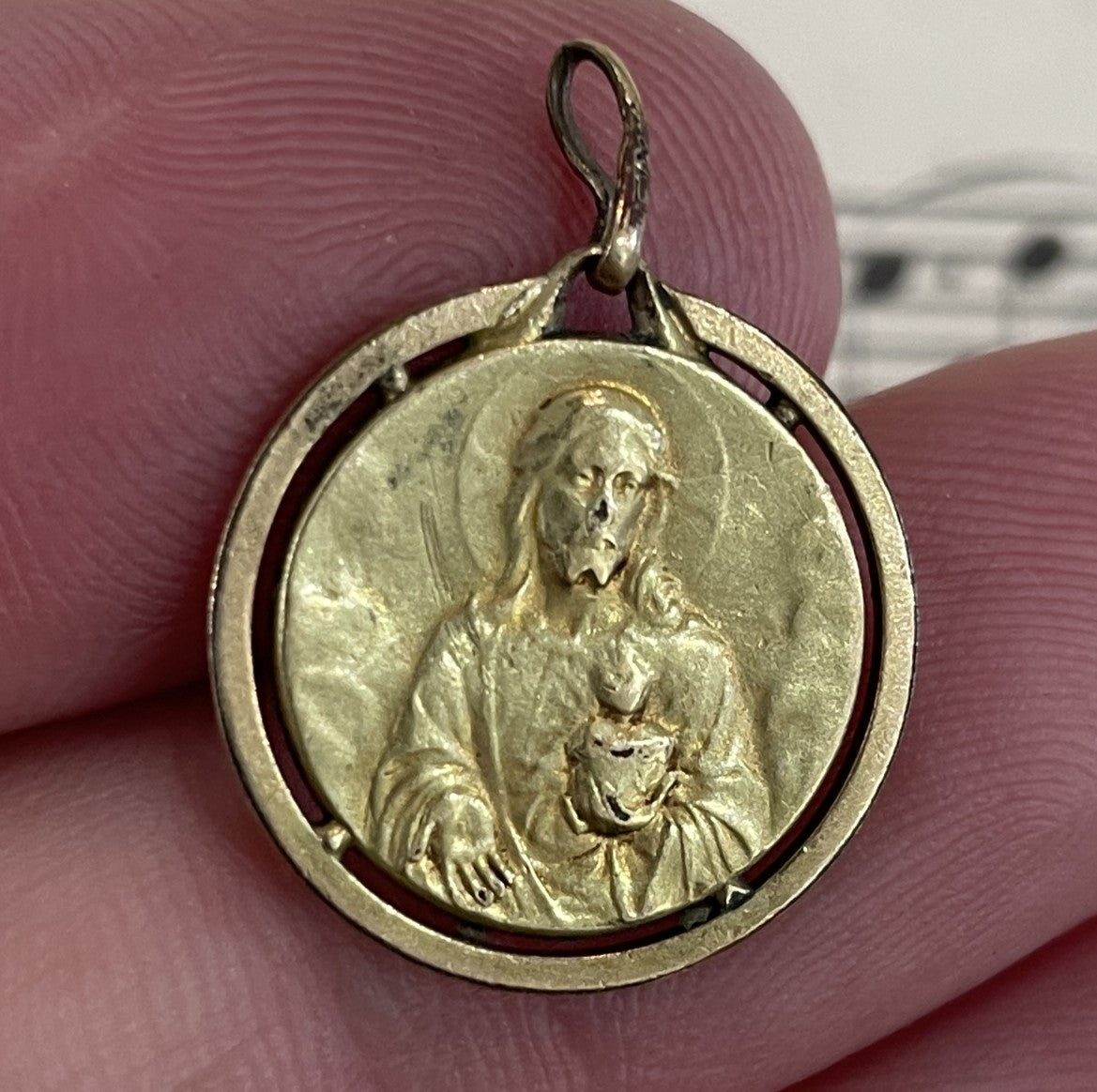 Antique French Art Nouveau Gold-Filled Jesus Mary Sacred Heart Medal c1920