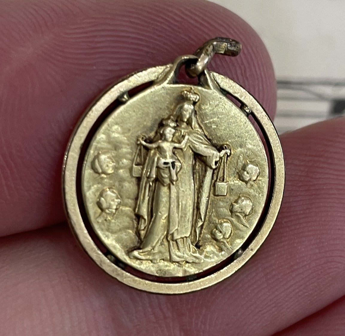 Antique French Art Nouveau Gold-Filled Jesus Mary Sacred Heart Medal c1920