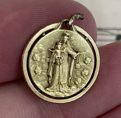 Antique French Art Nouveau Gold-Filled Jesus Mary Sacred Heart Medal c1920