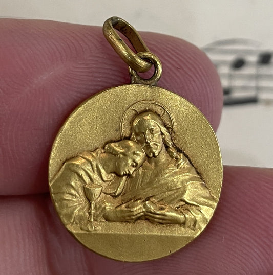Antique French Art Nouveau Gold-Filled Jesus Mary Magdalene Medal c1920