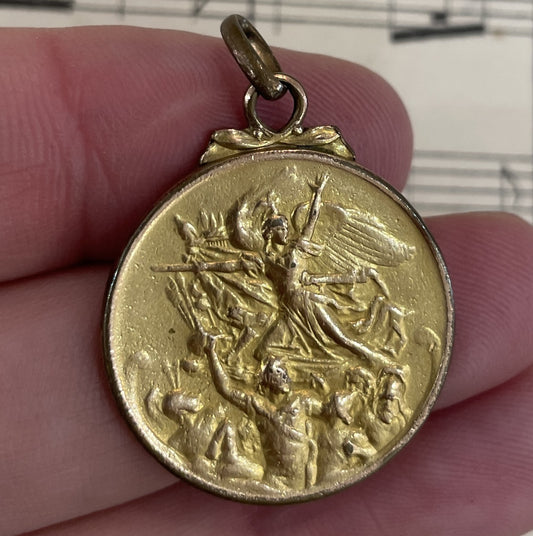 Antique French Art Nouveau Gold-Filled WWI Cannon Angel Medal c1920