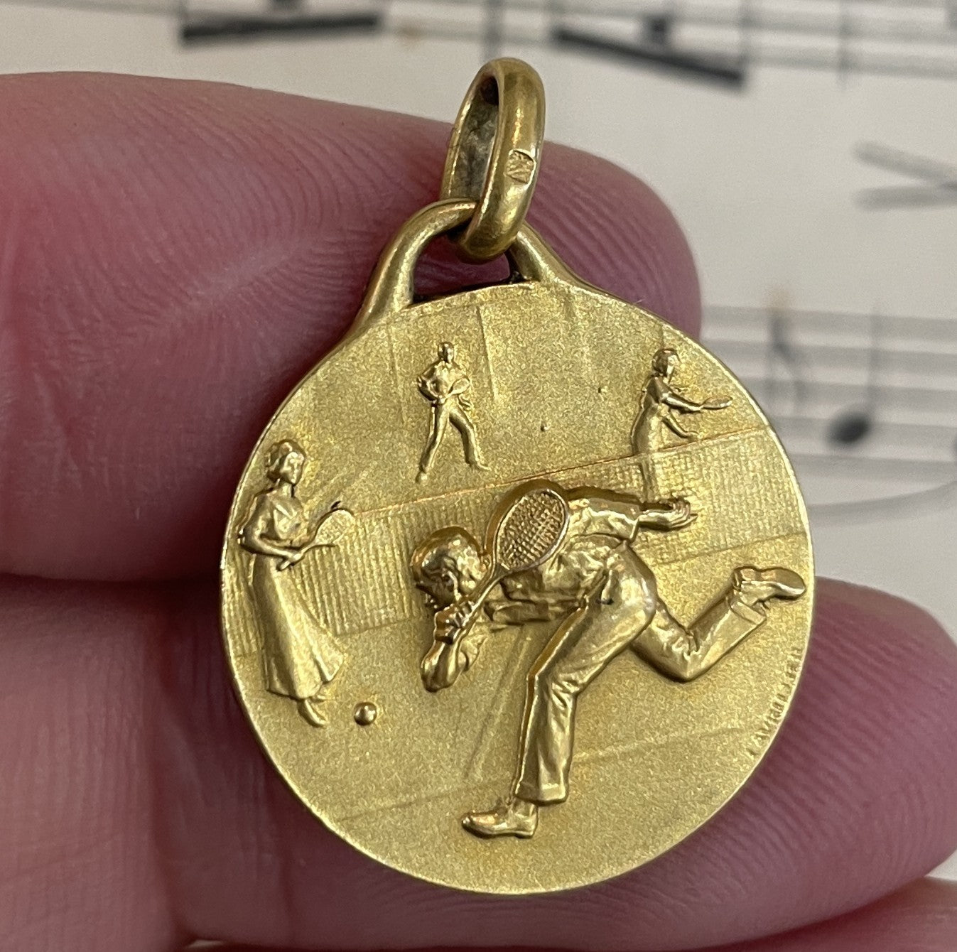 Antique French Art Nouveau Gold-Filled Medal Tennis Sport c1920