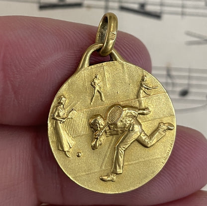 Antique French Art Nouveau Gold-Filled Medal Tennis Sport c1920