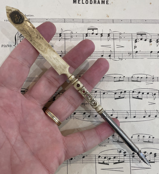 Antique French Bone Dip Pen Joan of Arc with Stanhope view of Lyon c1900
