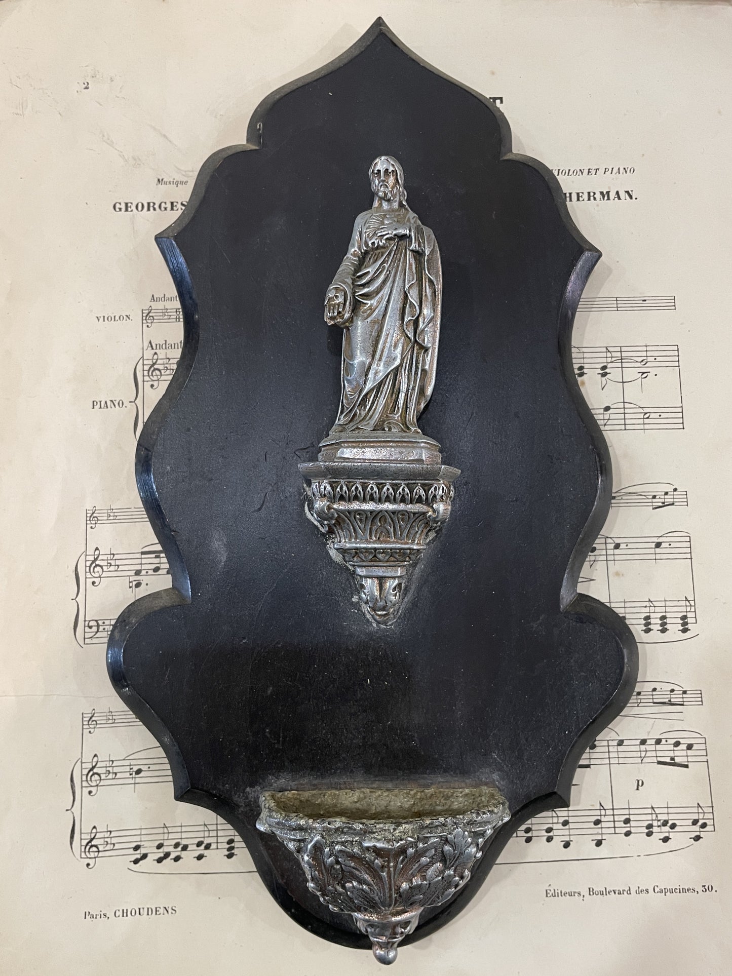 Rare Antique French Jesus Wooden Holy Water Font c1880
