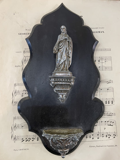 Rare Antique French Jesus Wooden Holy Water Font c1880