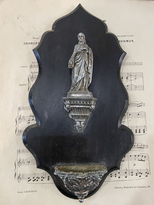 Rare Antique French Jesus Wooden Holy Water Font c1880