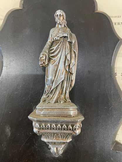 Rare Antique French Jesus Wooden Holy Water Font c1880