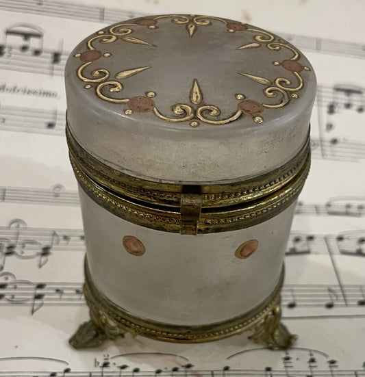 Antique French Gilt Brass Glass Hand Painted Enameled Box c1900