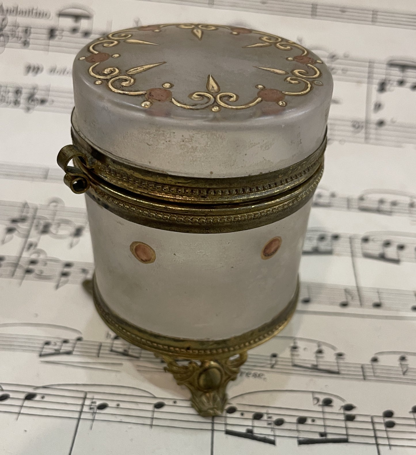 Antique French Gilt Brass Glass Hand Painted Enameled Box c1900