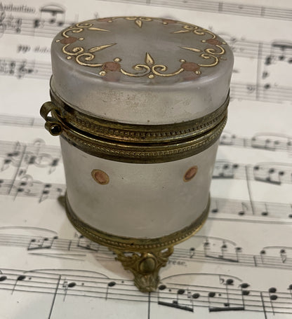 Antique French Gilt Brass Glass Hand Painted Enameled Box c1900