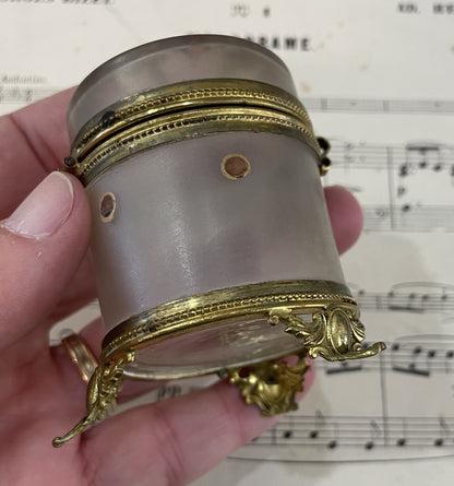 Antique French Gilt Brass Glass Hand Painted Enameled Box c1900