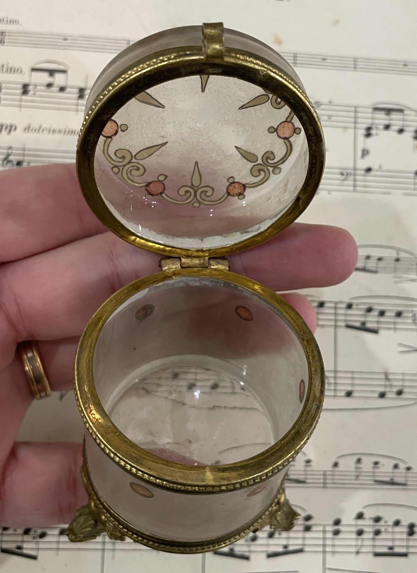 Antique French Gilt Brass Glass Hand Painted Enameled Box c1900