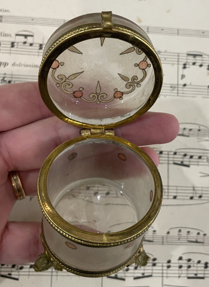 Antique French Gilt Brass Glass Hand Painted Enameled Box c1900