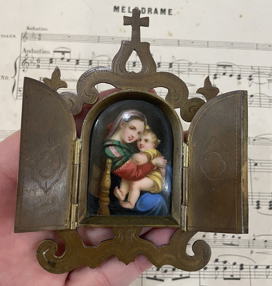Rare Antique French Madonna & Child Hand Painted Porcelain Icon Stand c1880