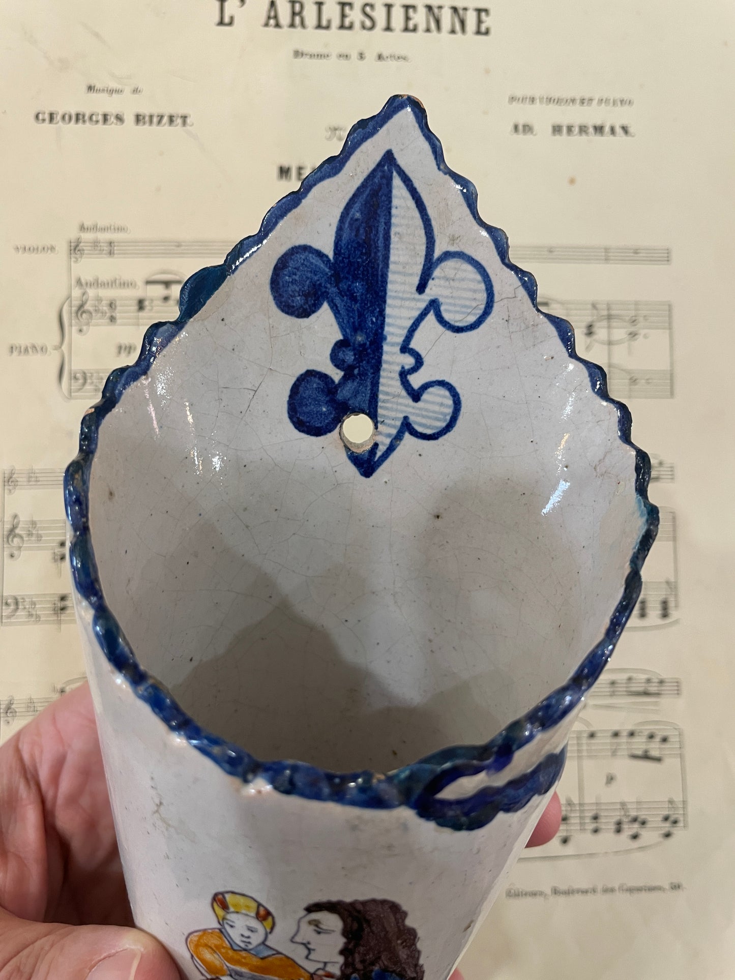 Rare Antique French Quimper Faience Pottery Wall Vase Bouquetiere Fleur de Lys c1880