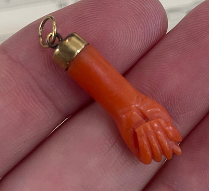 Rare Antique Italian Gold Plated Coral Figa Pendant c1900