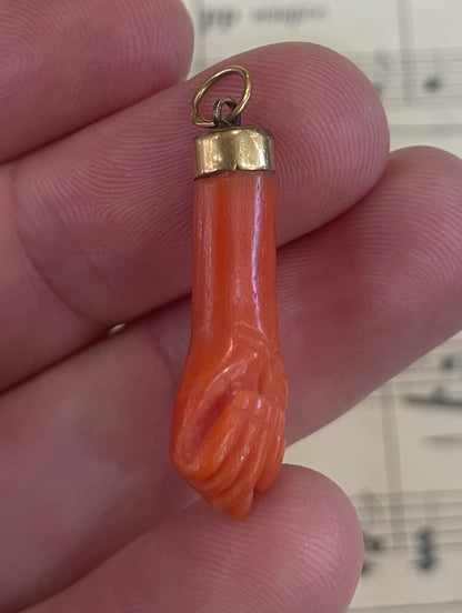 Rare Antique Italian Gold Plated Coral Figa Pendant c1900
