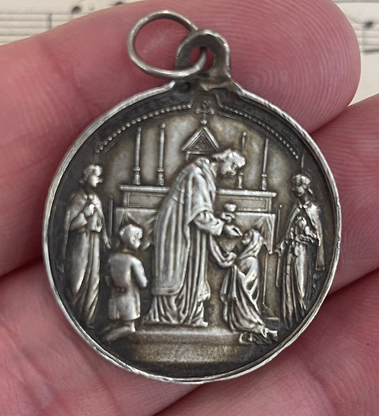 Rare Large Antique French Art Nouveau Sterling Silver First Communion Medal c1891