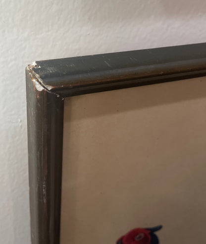 Antique French Natural History Signed Lithograph Birds Wooden Frame Glass c1920