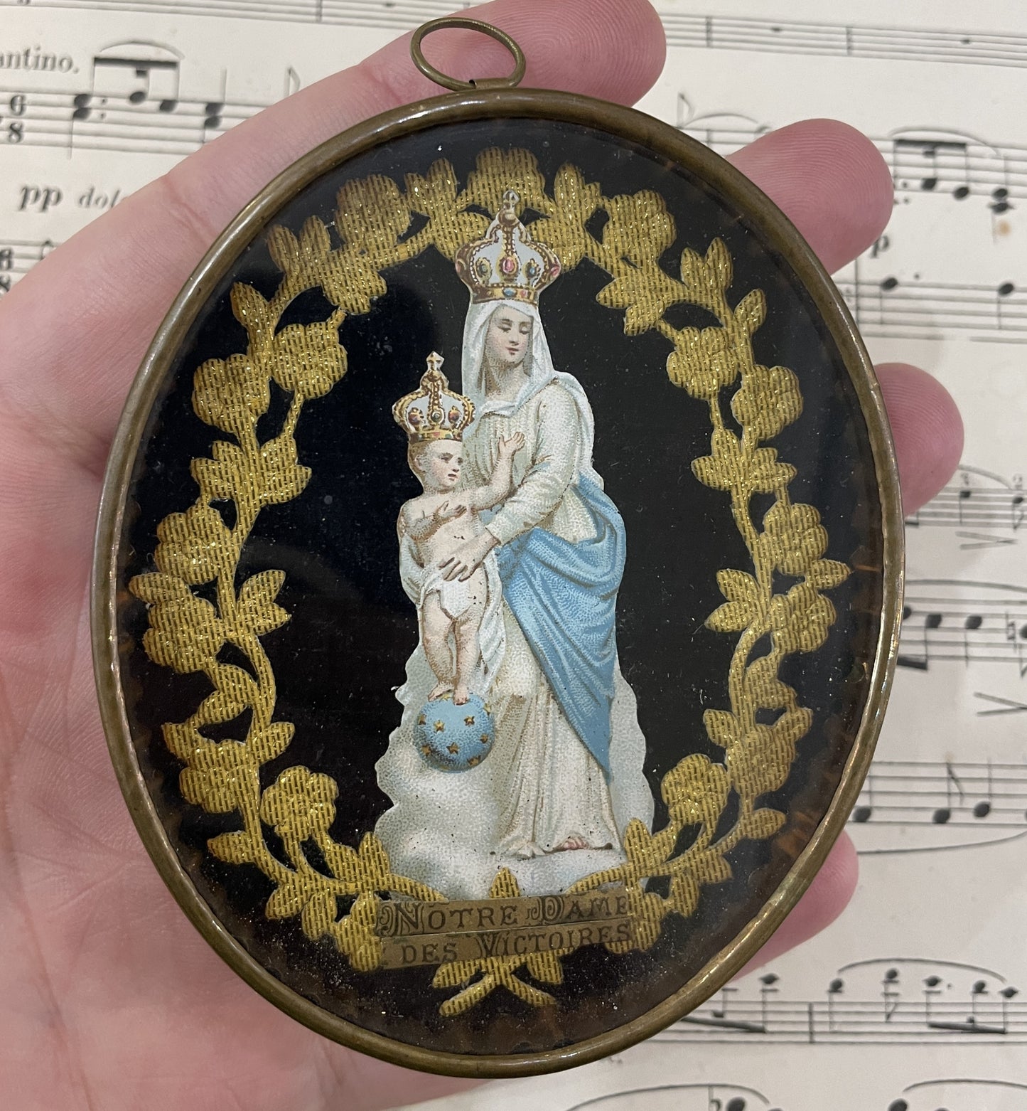 Antique French Ex Voto Madonna & Child under Domed Glass c1900