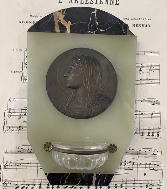 Antique French Virgin Mary Holy Water Font Signed Ruffony c1930